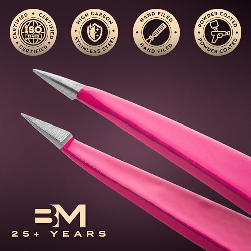 Pointed Tweezers | High Carbon Stainless Steel Needle Nose | Fine Point Precision Hair Removal | Perfectly Aligned & Hand-Filed Sharp | Pink - color: Pink