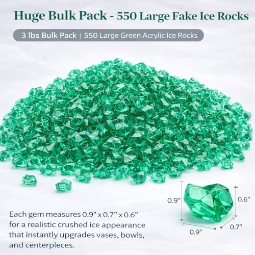 PMLAND Green Fake Ice Rocks – 550 PCS Large Acrylic Crushed Ice Gems, 3 LB Bulk Vase Filler for St Patrick’s Day Decor, Wedding Centerpieces, Aquarium Decorations, Table Scatter, Photography Props - color: Green