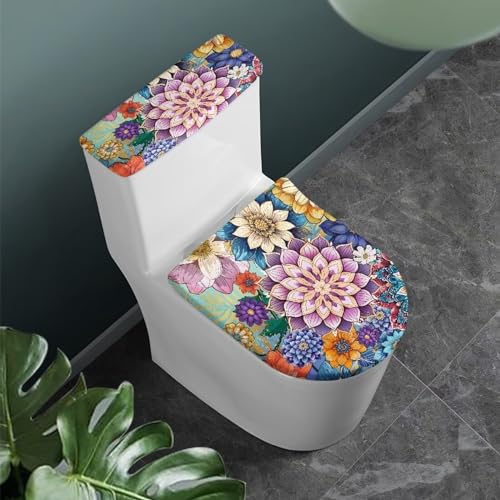 Toilet Tank Lid Cover Replacement Set of 2, Bathroom Toilet Covers Set with Elastic Bottom Fits Most Size Toilet Tanks & Lids Indoor Decoration, Boho Flower Blue Purple - color: Boho Flower Blue Purple