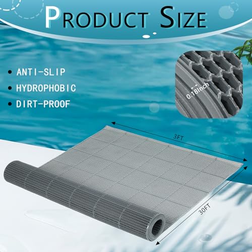 Tondiamo Pool Mat Non Slip Drainage Mats Swimming Pool Floor Deck Mats Rugs PVC Splash Mesh Hollow Doormat Roll for Outdoor Indoor Patio Restaurant Garage Kitchen Bathroom Safety(3 x 30 ft,Grey) - color: Grey, size: 3 x 30 ft