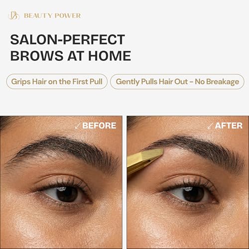 Beauty Power Tweezers for Women Facial Hair: Ultra Precision Tweezers for Women & Men, Sharp Slant Tweezer for Eyebrows, Ingrown Hair Removal. Professional Plucker + Case, German Stainless Steel Gold - color: Gold