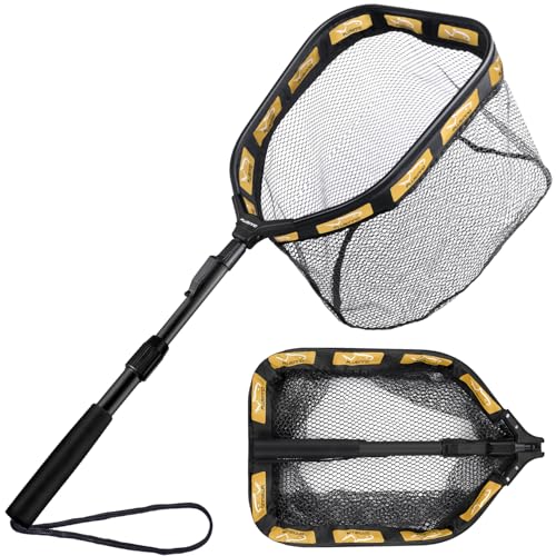 PLUSINNO Floating Fishing Net for Steelhead, Salmon, Fly, Kayak, Catfish, Bass, Trout Fishing, Rubber Coated Foldable Landing Net with Fixed or Telescoping Pole Handle, Fishing Gear and Gifts for Men - color: 11.8"/30cm Hoop Size 1.0M Orange (Telescopic P