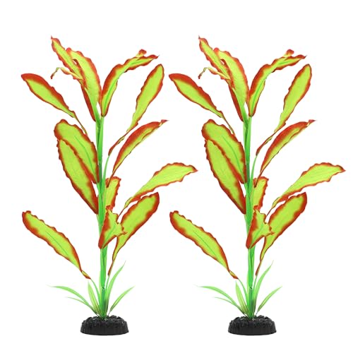 ALEGI Silk Aquarium Plants, 16 Inch Artificial Silk Plants Decorations for Fish Tank,Aquarium Décor Plastic Plants (Light Green with Red, 2 Pack) - color: Light Green With Red