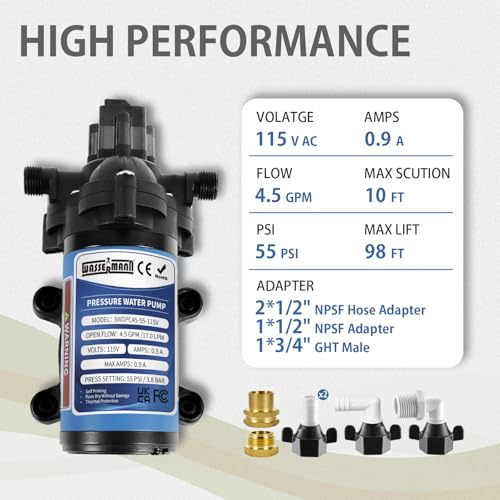 WASSERMANN Water Pressure Booster Pump 115 Volt AC 4.5GPM 55PSI,Water Pump Self Priming Diaphragm Pump with Pressure Switch for Kitchen Bathroom Marine Yacht Garden - size: Medium