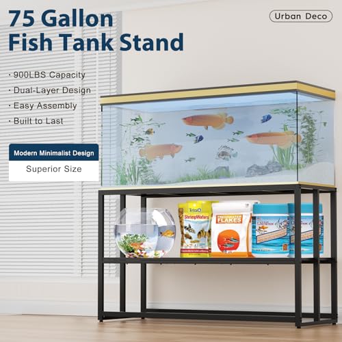 Urban Deco 55-75 Gallon Fish Tank Stand 900LBS Capacity For Aquarium Stand Metal Fish Tank Stand 48.4"x19.7"x31.5" Dual-Layer Design Terrarium Stand Ideal for Home and Office, Black - color: Black, size: 55-75 Gallon