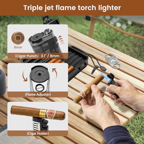 Flauno Travel Cigar Humidor Case - Portable Humidor Kit with Lighter (Without Gas), Cutter, Holder, Humidifier & Dropper, Waterproof, Crushproof, Airtight Seal (Holds up to 10 Cigars) - size: Holds up to 10 Cigars with Cigar Lighter