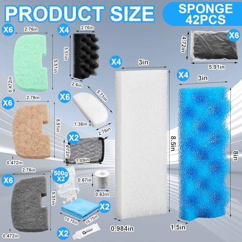 50 Pcs Filter Media Compatible with Fluval 206/207 Canister Filter, Maintenance & Replacement Kit, Bio-Based Sponge, Activated Carbon, Ceramic Rings, Microfiber Rags, Mesh Bags, Silicone Lube