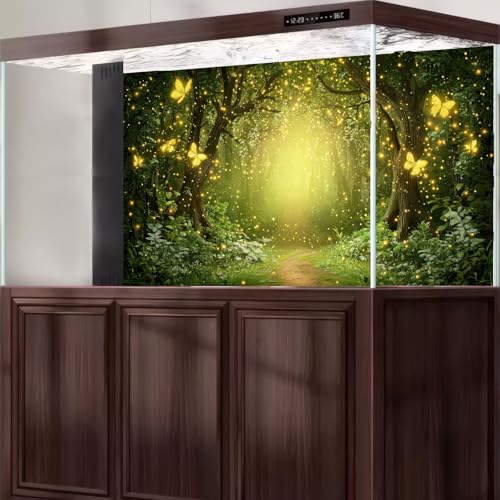 Fairy Tale Woodland Aquarium Background Fantasy Forest Mystical Fireflies Fish Tank Background Serene Tranquil Forest Night Scenery Terrarium Backgrounds Foggy Forests Reptile Tank Backgrounds 24x12in - color: Warm Green, size: 24(W)x12(H)in
