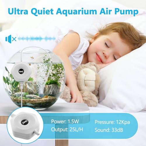 hygger Ultra Silent 1.5W Fish Bowl Aqaurium Mini Air Pump with Accessories, Oxygen Aerator Kit for Fish Tank 0.5-15 Gallon, Comes with 3/16 Inch Air Tubing, Air Stone, AC 110V/60HZ - color: White
