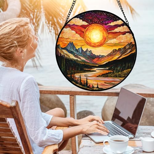 DASTOLL Stained Glass Window Hanging, Dusk Sunset Landscape Sun Catchers Glass Panel Lakes and Mountains Suncatcher Decor for Birthday for Women, Men, Wife, Aunt, and Mom 14.9 in - color: Golden Red, size: 14.9x14.9 IN