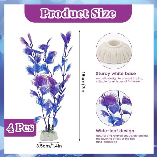 4 Pack Plastic Aquarium Plant Set, 7.1 Inch Purple Artificial Fish Tank Plants with Base for Aquarium Decor Accessories Fish Tank Decorations - color: Purple B