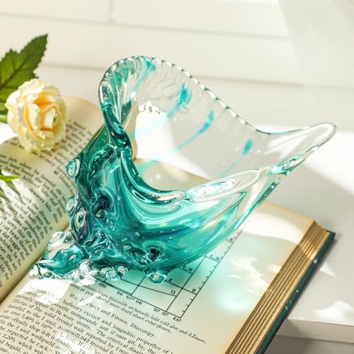 Blown Glass Conch Shell Sculpture, 8.2" Sea Glass Art Decor, Conch Shell Decorative Statues, Seashell Sculpture for Dining Tables, Entryways, Coffee Tables, Living Room, Shelf Fillers Gift for Women - color: Half Blue