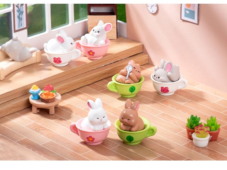 6PCS Brown Rabbit/Porcelain Cup Resin Figurines – Creative DIY Miniature Animal Ornaments for Micro Landscape, Fish Tank Aquarium Decor, Fairy Garden, Moss Decoration, Desktop Display, Car Accessories