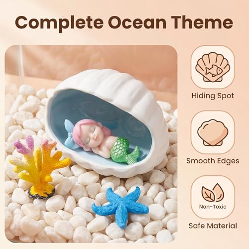 Ocean Theme Aquarium Decor 4-Piece Set: White Ceramic Shell Cave Hideout for Betta, Cichlid, Shrimp, Turtle + Sleeping Mermaid Figurine + Resin Coral & Starfish – Fish Tank Ornament