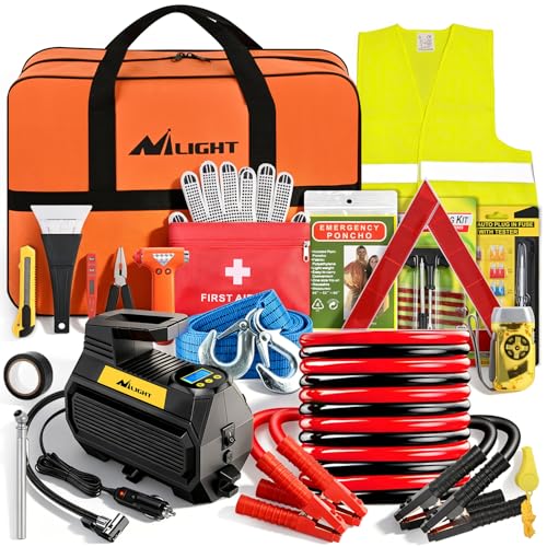 Nilight Car Emergency Kit with Jumper Cable, First Aid Kit Safety Assistance Tools for Travel Camping Outdoor Cars Truck SUV RV, Roadside Essentials with Flash Light - color: Essential Kit+Digi Air Compressor+Tire Fuse kit