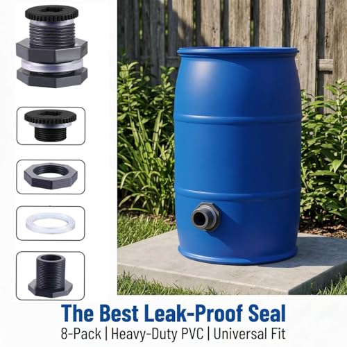 8 Pcs 3/4 Inch Bulkhead Fitting Gasket Bulkhead Water Connector Double Threaded PVC Bulkhead Adapter with Plugs for Rain Barrels,Aquariums,Water Tanks,Tubs,Pools