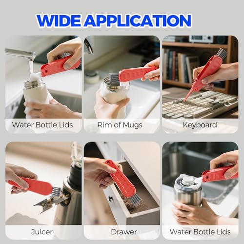 6 Pack Holikme 4 in 1 Cup Lid Cleaning Brush Set with 3 Straws, Multifunctional Bottle Brush, Silicone Cup Lid Gap Cleaner, Durable Bristle Crevice Cleaning Brush, Red - color: Red