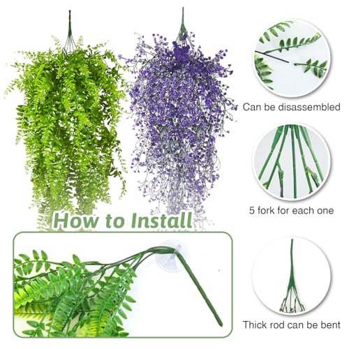 2 Pack Reptile Plants Terrarium Hanging Fake Vines with Suction Cup Artificial Leaves for Bearded Dragons Lizards Geckos Snake Hermit Crab (Purple and Green) - color: 2 Pcs ( Green and Purple )