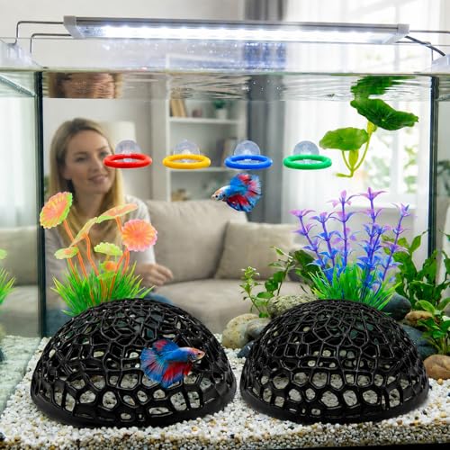 9 Pcs Betta Toys and Betta Enrichment Toys, Aquarium Shrimp Hides and Shrimp Hide Accessories Behavioral Stimulation, Complete Set with Hiding Caves and Training Rings