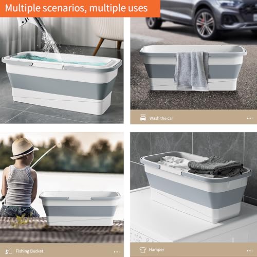 Collapsible Mop Bucket - 19L 5.1 Gallon Rectangular Foldable Water Basin with Dual Handles and Reinforced Base - for Versatile House Cleaning Camping RV Car Washing and Pet Bathing Use - color: White Grey, size: 19 L