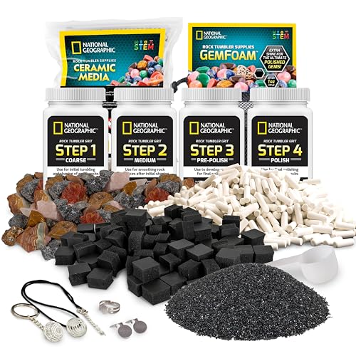 National Geographic Rock Tumbler Refill Kit – Rock Tumbling Supplies Including Rock Tumbler Grit and Polish Refill, Ceramic Media, GemFoam, 3 lbs Madagascar Rocks for Tumbling, Jewelry Accessories - style: Complete Starter Kit