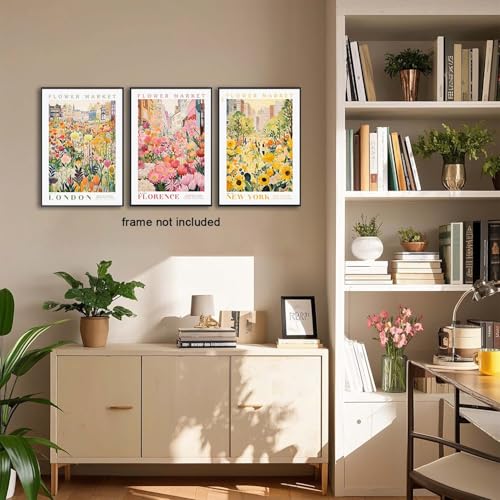 XLARTMY Flower Market Wall Art Print Canvas Yellow Pink Floral Paintings Colorful Botanical Sunflower Artwork Travel Poster for Decor Picture 3 pieces for Living Room Bedroom Bathroom 16x24in Unframed - color: Flower Market-2, size: 16x24in Poster