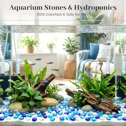 FUTUREPLUSX 1LB Iridescent Flat Glass Marbles, Vase Fillers Blue Mixed Glass Beads Rocks for Fish Tank Aquarium Decor DIY Craft - color: Iridescent Blue