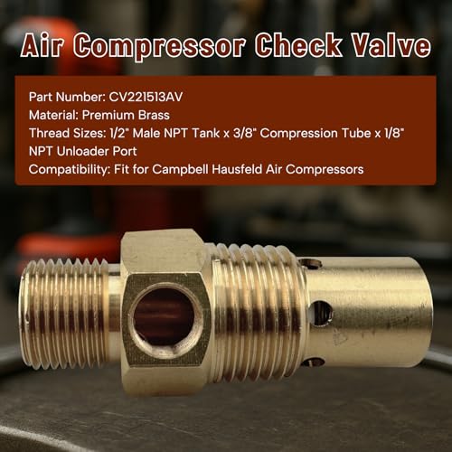 Air Compressor Check Valve Fit for Campbell Hausfeld 1/2" Male NPT Tank x 3/8" Compression Tube x 1/8" NPT Unloader Port Brass One-Way Flow Control Valver Replace One-way