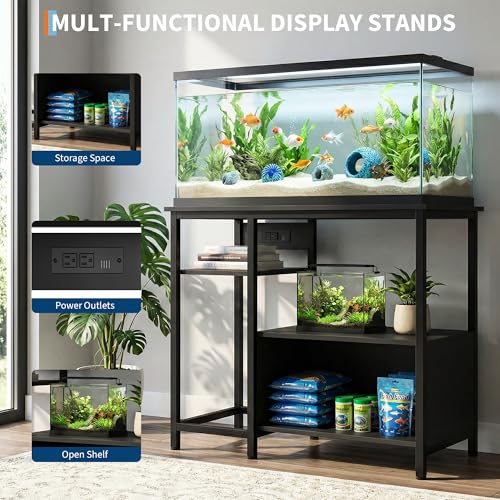 40-50 Gallon Fish Tank Stand with Power Outlets, Heavy Duty Metal and Wood Aquarium Stand with 4-Tier Open Storage Shelves, for Fish Tank, Turtle & Reptile Terrarium, 36.6" × 18.9" × 30.7" - color: Black, size: 36.6