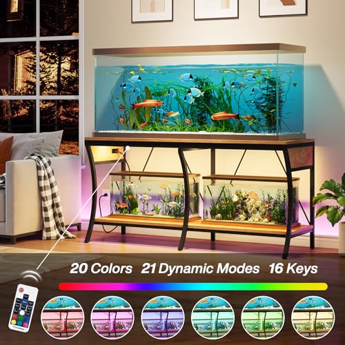 55-90 Gallon Fish Tank Stand with Power Outlets, 2-Tier Aquarium Stand with LED Light Strip & Open Storage Shelves, Heavy Duty Metal Table for Reptile Tank, 1100 LBS Capacity, Light Brown and Black - color: Light Brown and Black
