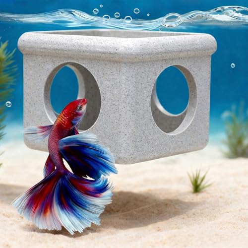 CPLIKE Marble Floating Betta Fish Hideout with Viewing Window & Round Holes – Floating Cave Hammock, Feeding Platform & Rest Tunnel – Betta Fish Shelter for Nano Tanks, Bowls & Small Aquariums - color: C: Grey