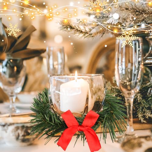 YBB 12Pcs Christmas Candle Rings with Red Black Plaid Bow, Small Artificial Wreath Candle Holder Rings, Fits 3.9 Inch Pillars Candle Tapers for Rustic Wedding Centerpiece Christmas Table Decoration - color: Bow-12pcs