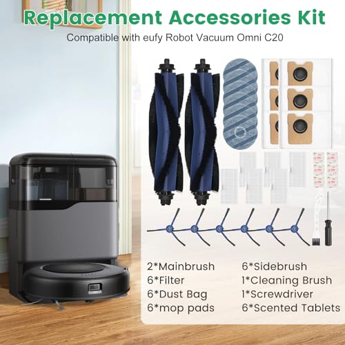 Pure Realm 34 Pack for eufy Vacuum Omni C20 Accessories Kit，2 Mainbrush 6 Filter 6 Dust Bag 6 mop pads 6 Sidebrush 1Cleaning Brush 1Screwdriver,6 Sachet - size: 34 pack Accessories Kit for Vacuum Omni C20