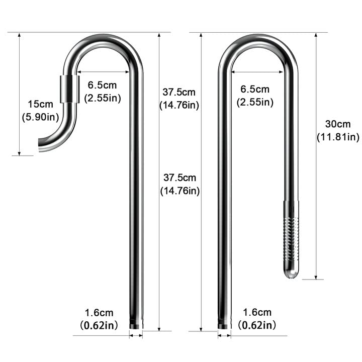 FZONE Stainless Steel Lily Pipe Inflow and Outflow Work with 16/22mm Filter Hoses, Ideal for Aquarium Plant Tanks, with Acrylic Pipe Fixer(16mm) - size: 16mm