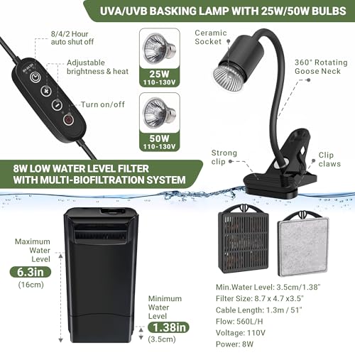 GOZILLA Turtle Tank Kit(Tank+Lamp+Filter), Upgrade PC Turtle Tank Starter Kit with Adjustable Lamp & Filter, Reptile Hideout Habitat with Lid for Small Reptiles.(19.68× 9.52× 9.44''/Large-Black-Kit) - color: Large-Hideout-KIT