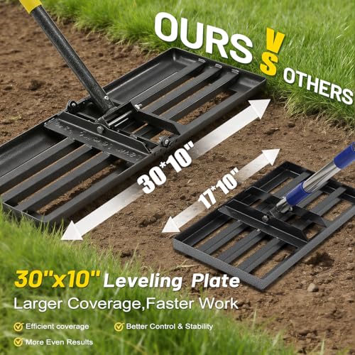 Lawn Leveling Rake,Foldable 30x10 Inch Ground Plate,72 Inch Adjustable Long Handle Yard Level Tool with Curved Edge,Heavy Duty Landscaping Lawn Leveler for Grass, Golf Field, Soil Sand Dirt Spreader - size: 30"x10", 70"