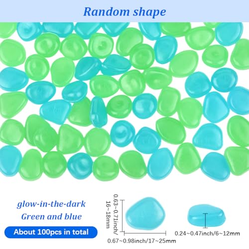 1 Box 100Pcs Glow in The Dark Rocks Glowing Resin Pebbles Aquarium Gravel Fish Tank Decor Blue Garden Stones for Outdoor Landscaping Walkway Driveway Pot Plant Bonsai Fairy Garden Night Decor - color: Blue, Green