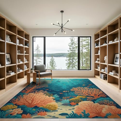 9'x12' Washable Contemporary Fish Oversized Rug, Teal Non-Shedding Pet Friendly Carpet Foldable Easy Care Mat for Master Suite, California King, Under Bed | Ref:1993995 - color: Blue/Pattern 42, size: 9' x 12' (Rectangular)
