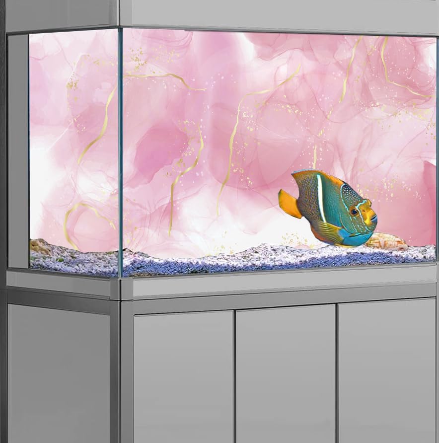 Pink Marble Aquarium Background, Art Abstract Pink Gold Line Marble Terrarium Background, Coloful Marble Glass Terrarium Background 48X24IN with 8 EVA Double-Sided Tape - color: Marble02, size: 48X24in/120X60cm