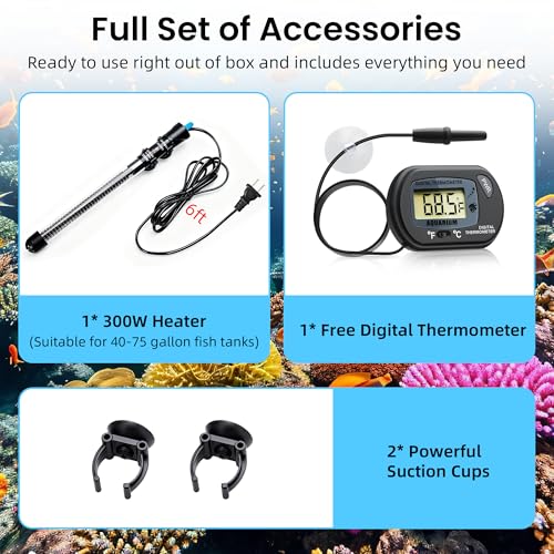 Aquarium Heater 300W Submersible Water Thermostat Fish Tank Heater Adjustable Temperature with Digital Thermometer for 40-75 Gallon Tanks