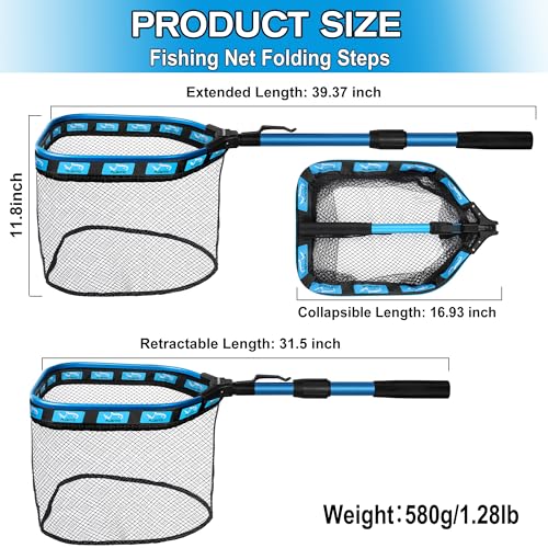 PLUSINNO Floating Fishing Net for Steelhead, Salmon, Fly, Kayak, Catfish, Bass, Trout Fishing, Rubber Coated Foldable Landing Net with Fixed or Telescoping Pole Handle, Fishing Gear and Gifts for Men - color: 11.8"/30cm Hoop Size 1.0M Blue Pole (Telescopi