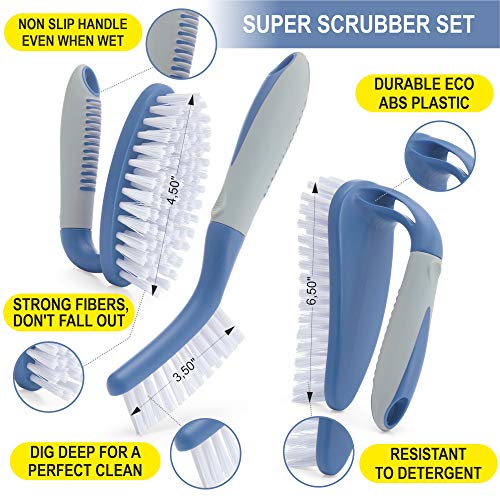 Scrub Brush Set of 3pcs - Cleaning Shower Scrubber with Ergonomic Handle and Durable Bristles - Grout Cleaner Brush - Scrub Brushes for Cleaning Bathroom/Shower/Tile/Kitchen/Floor/Bathtub/Carpet, Blue - color: Blue, Set of 3