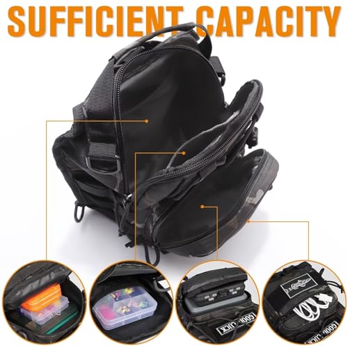 Dovesun Small Fishing Backpack, Waterproof Fly Fishing Sling Pack Tackle Bag with Tackle Boxes - color: A-Black(Size:17.7*8.5*5.7in)