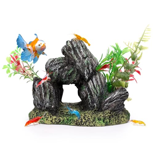 Stone with Plants Aquarium Decoration Resin-Mountain View Stone Ornament with Large Swim-Through Holes-Approx. 6.9" L x 5.1" W x 5.1" H(Stone&Plants) - color: Stone&plants