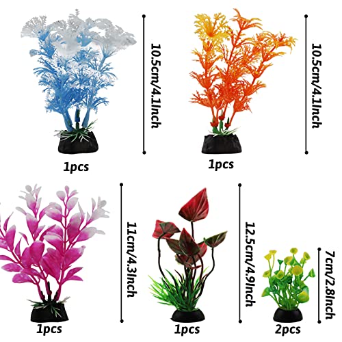 Aquarium Decorations - 6pcs Colorful Fish Tank Plants, Plastic Accessories for Mini Aquariums