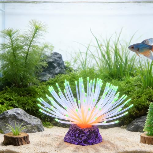 Fluorescent Rainbow Sea Urchin Aquarium Decor - Glows Under Blue Light, Weighted Silicone Ornament for Fish Tank with Swaying Spines, Saltwater & Freshwater, Vibrant Aquascape Centerpiece (Green) - color: Green