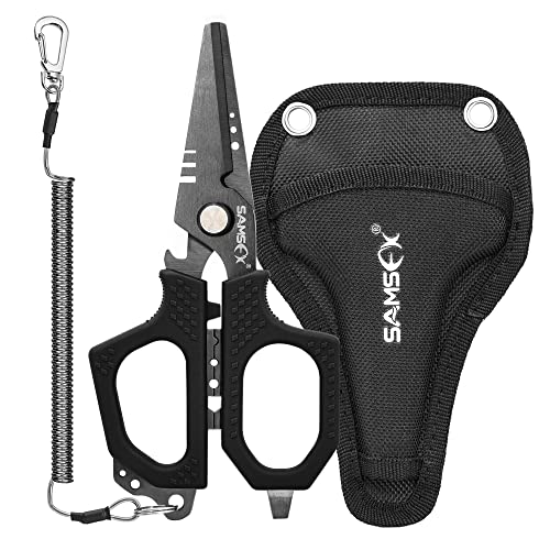 SAMSFX 6.5in Fishing Scissors with Non-Slip Grip Handles and Micro Serrated Edges, Multi-Function Shears with Nylon Sheath
