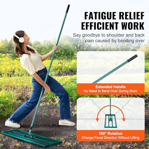 VEVOR Lawn Leveling Rake, 48""x10"" Level Lawn Tool, Heavy-Duty Lawn Leveler with 78"" Steel Extended Handle, Yard Leveling Rake Suit for Garden, Golf Lawn, Farm, Green - size: 48"x10", style: Classic: Alloy
