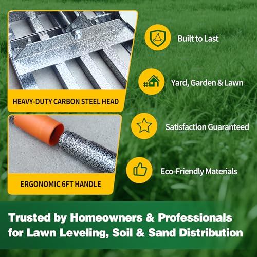 Lawn Leveling Rake 30x10 Inch, 6FT Heavy-Duty Carbon Steel Lawn Leveler – Yard Leveling Rake for Soil, Sand, Grass, Perfect for Lawn Repair, Pit Filling & Garden Maintenance - size: M