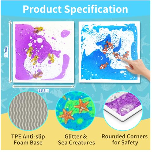 Liquid Sensory Floor Tiles for Kids Ages 3+ - Colorful Liquid Play Mat with Glitter & Sea Creatures, Interactive Fidget Pad for Toddlers, Perfect for Classroom, Home & School (6-Pack) - style: Ocean Tiles (6-Pack)